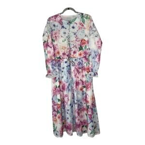 Langdon‎ Floral Midi Dress Medium Pink Lace Trim Buttons Cottagecore Shabby Chic